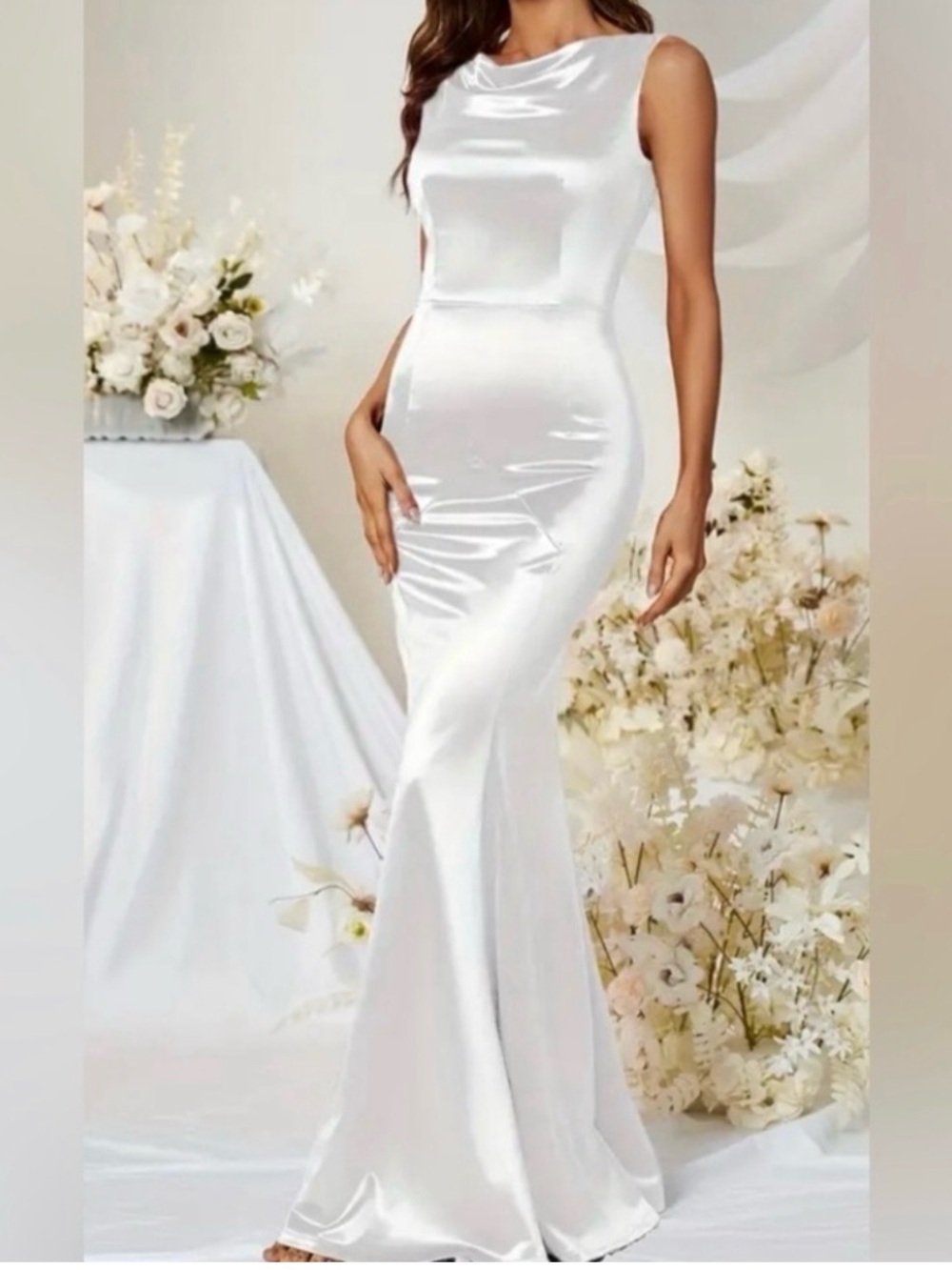 Elegant White Satin Evening Gown - Sleeveless Column Dress